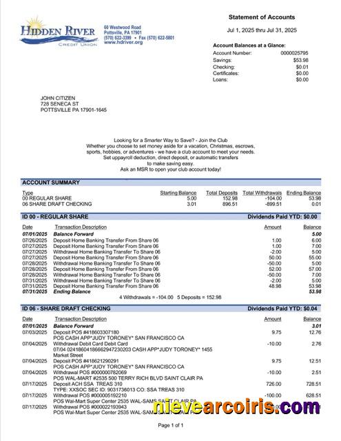 USA Pennsylvania Hidden River Credit Union statement of account Word and PDF